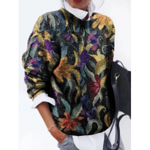 Women Floral Printing Spring/Fall Casual Long Sleeve Crew Neck Sweater