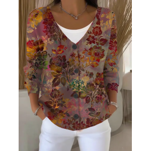 Women Floral Long Sleeve V Neck Casual Spring/Fall Cardigan Outerwear