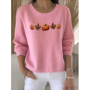 Women Plants Spring/Fall Vintage Long Sleeve Crew Neck Cotton Sweater