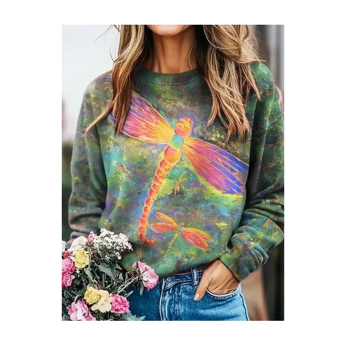Women Dragonfly Crew Neck Printing Casual Spring/Fall Long Sleeve Sweatshirt