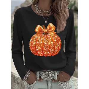 Women Halloween (pumpkin) Long Sleeve Tee T-shirt Crew Neck Printing Casual Spring/Fall Graphic Tee Top