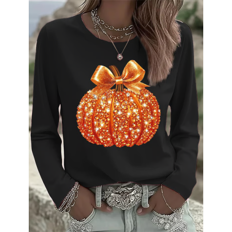 Women Halloween (pumpkin) Long Sleeve Tee T-shirt Crew Neck Printing Casual Spring/Fall Graphic Tee Top
