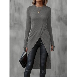 Women Plain Long Sleeve Tee T-shirt Crew Neck Split Joint Vintage Spring/Fall Top