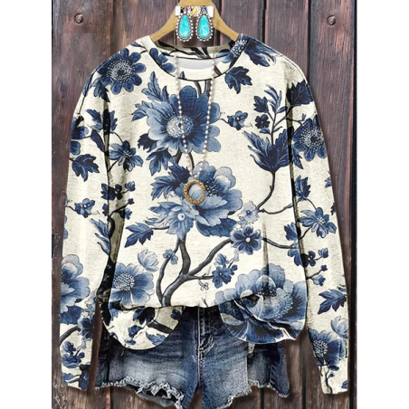 Women Floral Crew Neck Printing Casual Spring/Fall Long Sleeve Sweatshirt