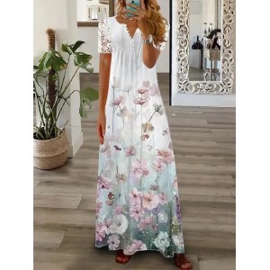 Women Floral Long Sleeve Spring/Fall Printing Dress V Neck Daily Vintage Maxi T-Shirt Dress A-Line Dress