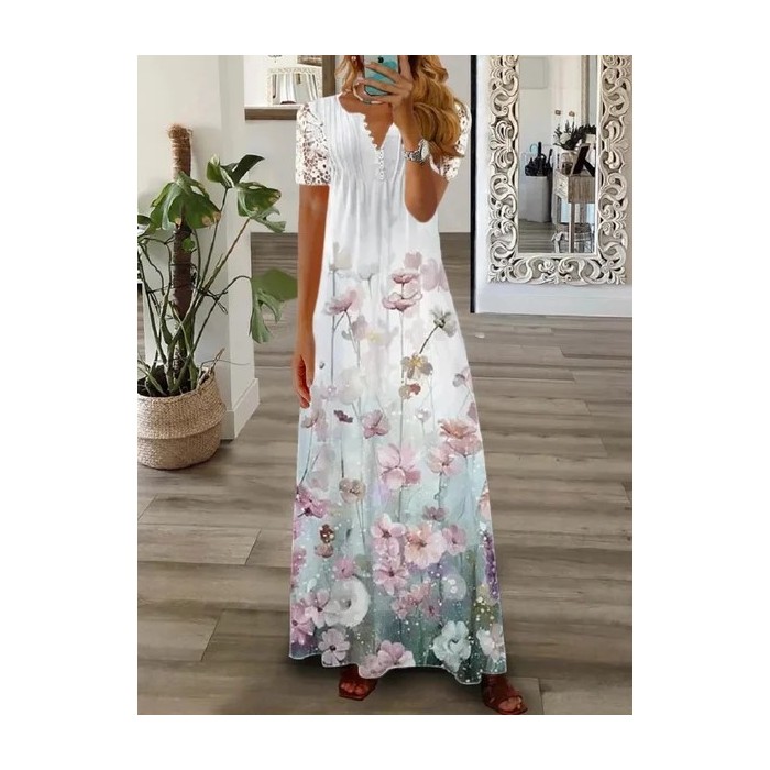Women Floral Long Sleeve Spring/Fall Printing Dress V Neck Daily Vintage Maxi T-Shirt Dress A-Line Dress