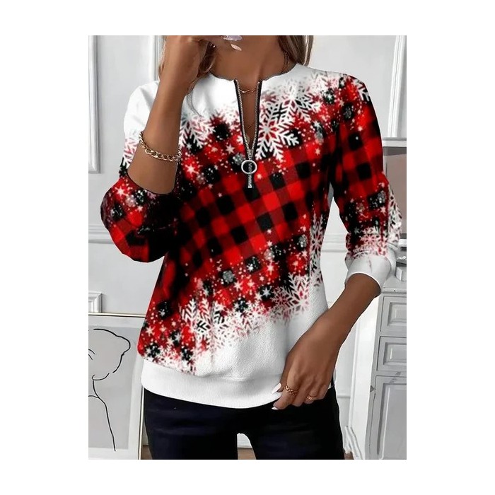 Women Plaid Crew Neck Printing Casual Spring/Fall Long Sleeve Sweatshirt