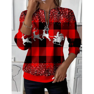 Women Plaid Crew Neck Printing Casual Spring/Fall Long Sleeve Sweatshirt