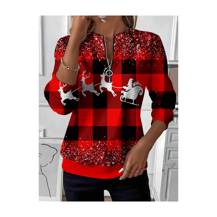 Women Plaid Crew Neck Printing Casual Spring/Fall Long Sleeve Sweatshirt