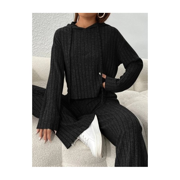 Women Plain Embossed Two-Piece Set Daily Long Sleeve Casual Spring/Fall Top With Pants Matching Set