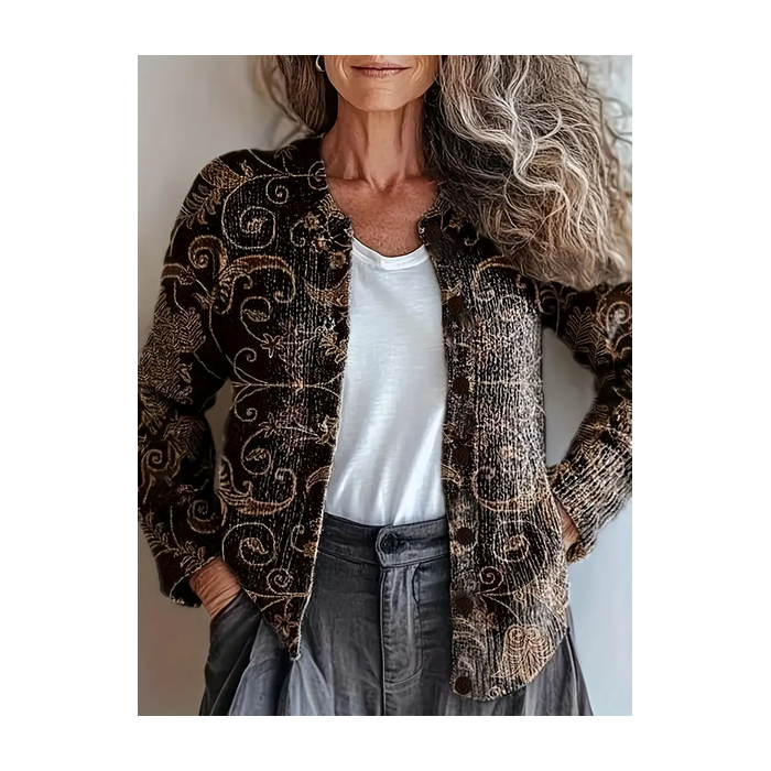 Women Floral Printing Long Sleeve Crew Neck Vintage Spring/Fall Cardigan Outerwear