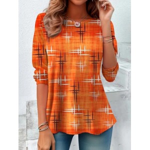 Women Geometric Long Sleeve Tee T-shirt Crew Neck Vintage Spring/Fall Top