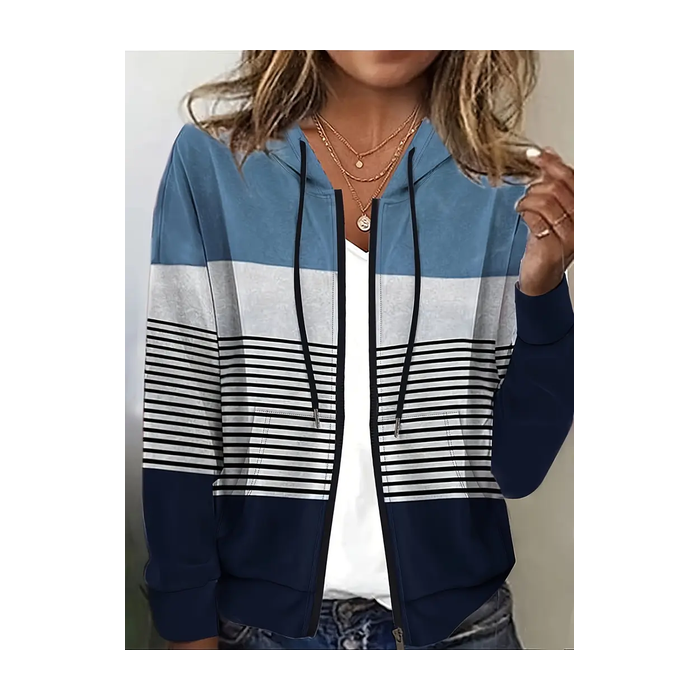 Women Spring/Fall Outerwear Casual Printing Striped Long Sleeve Hoodie Jacket