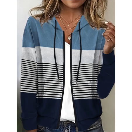 Women Spring/Fall Outerwear Casual Printing Striped Long Sleeve Hoodie Jacket
