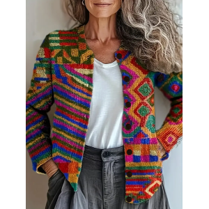 Women Abstract Printing Long Sleeve Crew Neck Vintage Spring/Fall Cardigan Outerwear