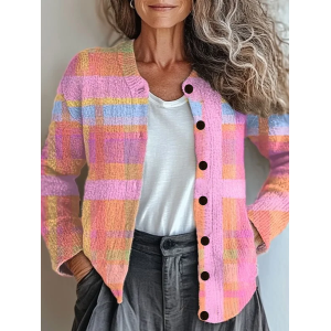 Women Abstract Printing Long Sleeve Crew Neck Vintage Spring/Fall Cardigan Outerwear