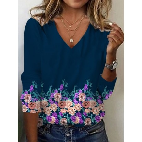 Women's Long Sleeve Tee T-shirt Spring/Fall Floral Jersey V Neck Daily Going Out Casual Top