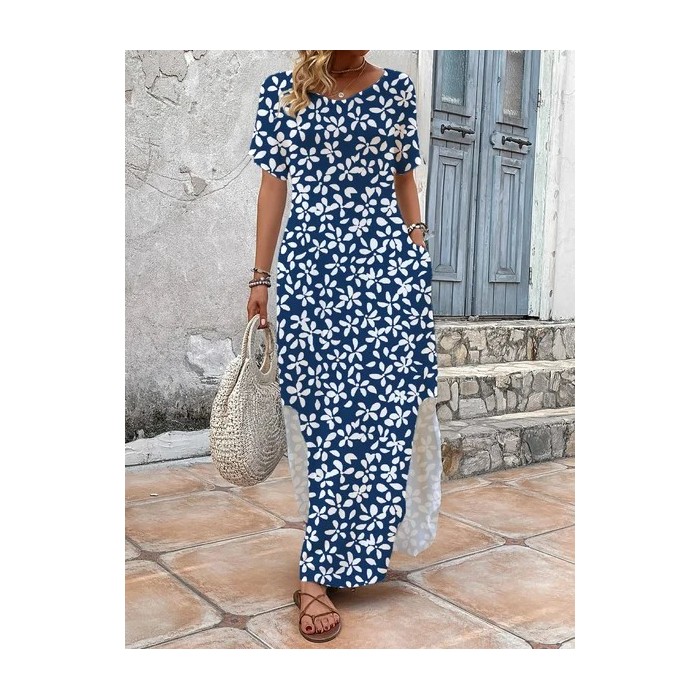 Women's Floral Short Sleeve Summer Printing Dress V Neck Daily Casual Maxi T-Shirt Dress H-Line Dress