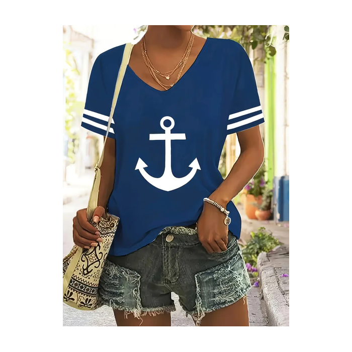 Women's Anchor Short Sleeve Tee T-shirt V Neck Printing Casual Summer Graphic Tee Top