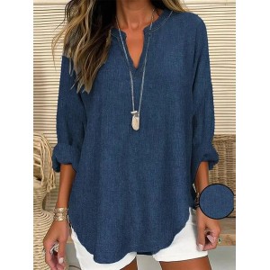 Women Faux Denim Print Graphic Long Sleeve Blouse Spring/Fall Printing V Neck Daily Casual Top