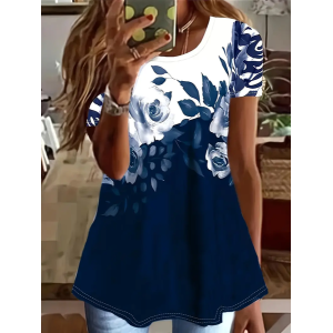 Women Floral Short Sleeve Tee T-shirt Crew Neck Printing Casual Summer Graphic Tee Top