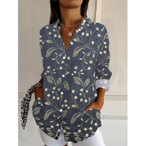 Women Floral Long Sleeve Shirt Spring/Fall Buckle Shirt Collar Daily Casual Top