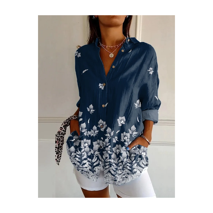 Women Floral Long Sleeve Shirt Spring/Fall Buckle Shirt Collar Daily Casual Top