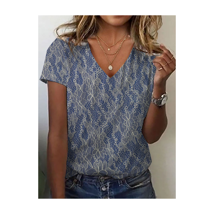 Women Floral Short Sleeve Tee T-shirt V Neck Printing Casual Summer Graphic Tee Top