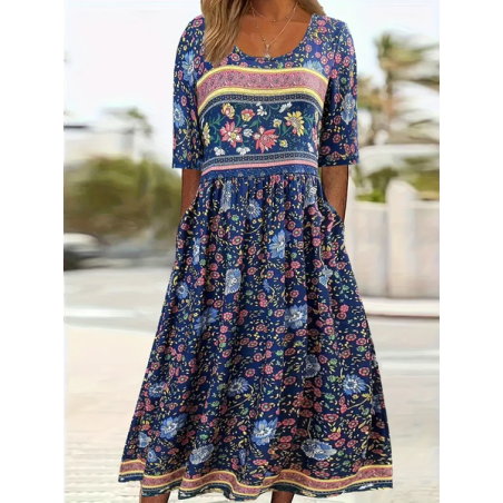 Women Floral Half Sleeve Summer Printing Dress Crew Neck Daily Casual Maxi A-Line Dress