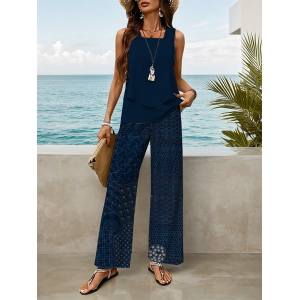 Women Abstract Printing Two-Piece Set Daily Sleeveless Casual Summer Top With Pants Matching Set
