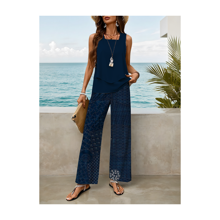 Women Abstract Printing Two-Piece Set Daily Sleeveless Casual Summer Top With Pants Matching Set