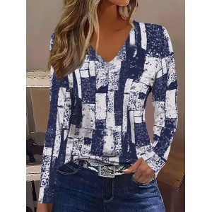 Women Abstract Long Sleeve Tee T-shirt V Neck Printing Casual Spring/Fall Graphic Tee Top