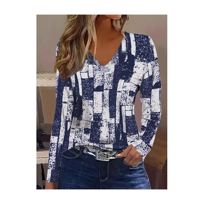 Women Abstract Long Sleeve Tee T-shirt V Neck Printing Casual Spring/Fall Graphic Tee Top