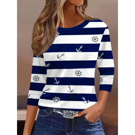 Women Striped Three Quarter Sleeve Tee T-shirt Crew Neck Casual Spring/Fall Graphic Tee Top