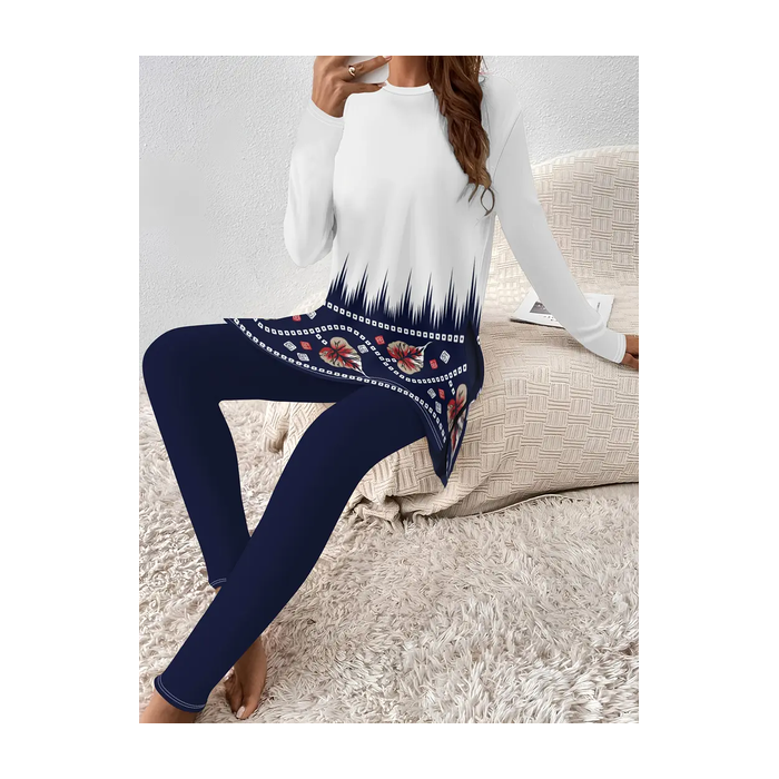 Women Floral Printing Two-Piece Set Daily Long Sleeve Casual Spring/Fall Top With Pants Matching Set