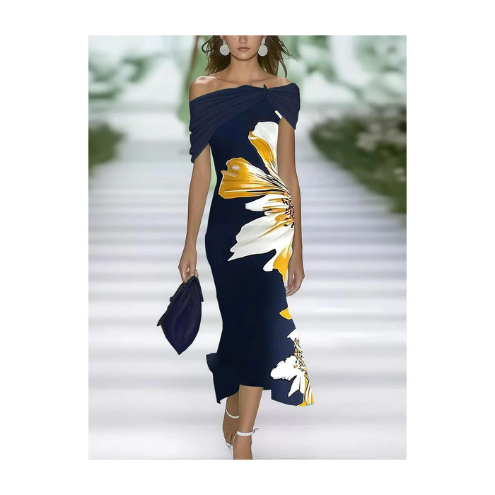 Women Floral Cap Sleeve Summer Printing Dress Cold Shoulder Daily Vintage Maxi H-Line Dress