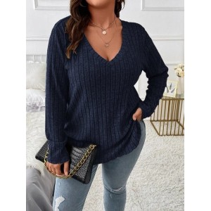Plain Sexy Loose V Neck Long-sleeved Ribbed Loose T-shirt