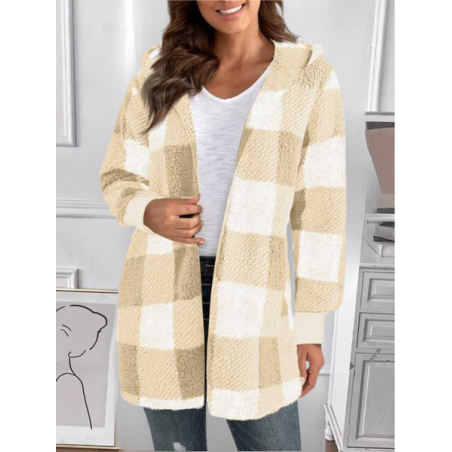 Women Spring/Fall Outerwear Vintage Split Joint Plaid Long Sleeve Hooded Jacket