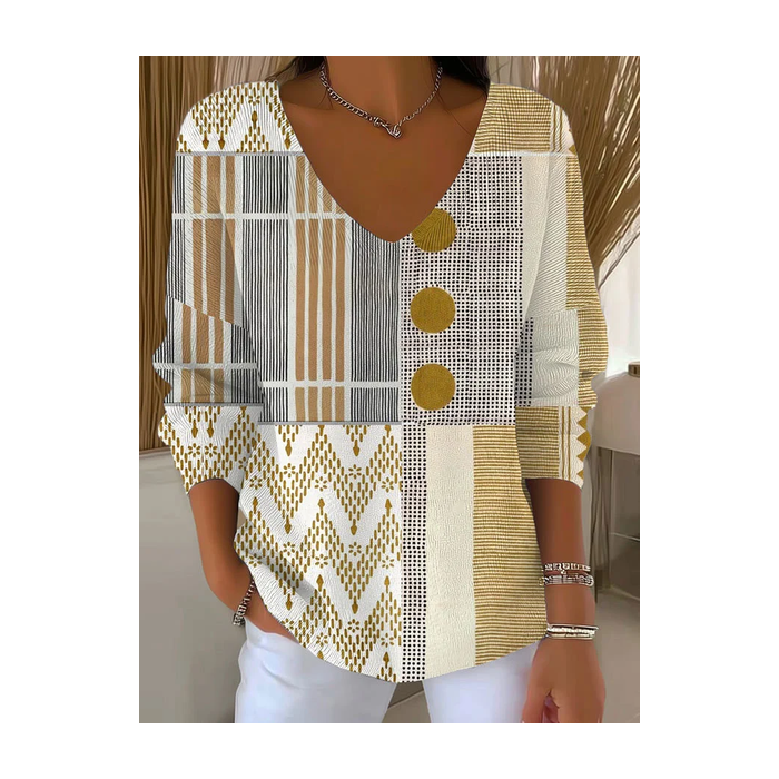 Women Abstract Long Sleeve Tee T-shirt V Neck Printing Casual Spring/Fall Top