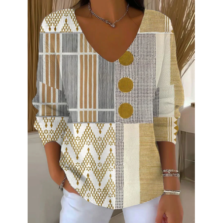 Women Abstract Long Sleeve Tee T-shirt V Neck Printing Casual Spring/Fall Top