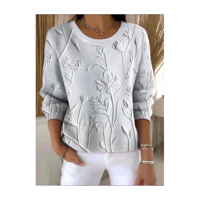 Women Floral Spring/Fall Vintage Long Sleeve Crew Neck Cotton Sweater