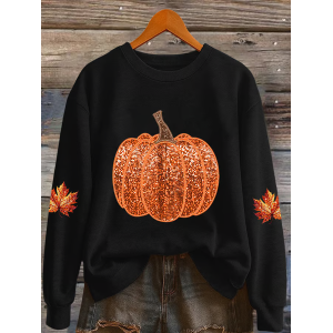 Women Maple Leaf Crew Neck Printing Casual Spring/Fall Long Sleeve Sweatshirt