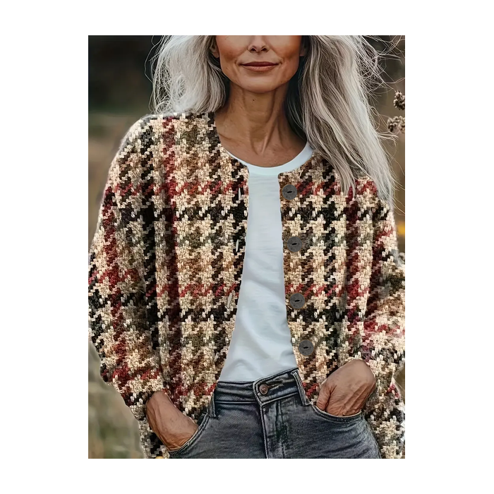Women Houndstooth Printing Long Sleeve Crew Neck Vintage Spring/Fall Cardigan Outerwear