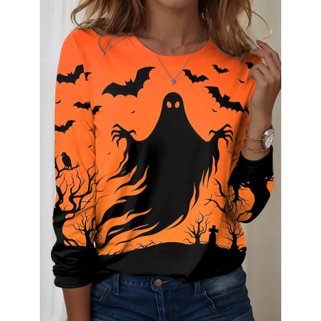 Women Halloween Long Sleeve Tee T-shirt Crew Neck Printing Casual Spring/Fall Graphic Tee Top