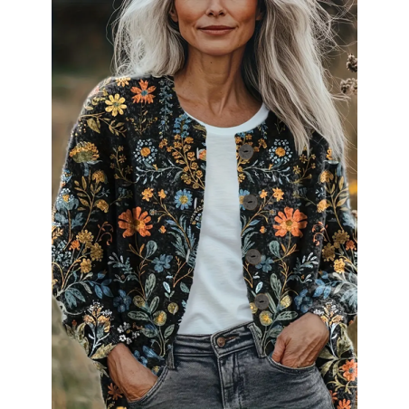 Women Floral Printing Long Sleeve Crew Neck Vintage Spring/Fall Cardigan Outerwear