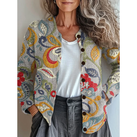 Women Floral Printing Long Sleeve Crew Neck Vintage Spring/Fall Cardigan Outerwear