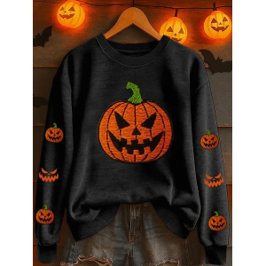 Women Halloween (pumpkin) Crew Neck Printing Casual Spring/Fall Long Sleeve Sweatshirt