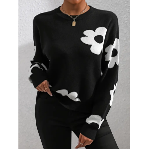 Women Floral Printing Spring/Fall Casual Long Sleeve Crew Neck Sweater