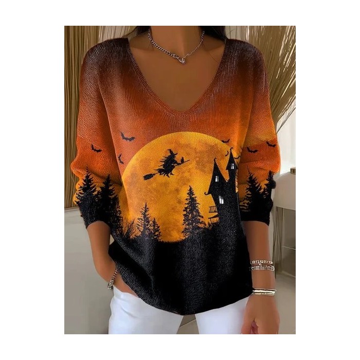 Women Halloween Long Sleeve Tee T-shirt V Neck Printing Casual Spring/Fall Top