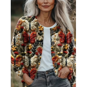 Women Floral Printing Long Sleeve Crew Neck Vintage Spring/Fall Cardigan Outerwear